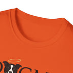 Dogma House Logo Light T-Shirt close-up of the neckline on an orange shirt, showing the border collie face with golden halo from the Dogma House logo.