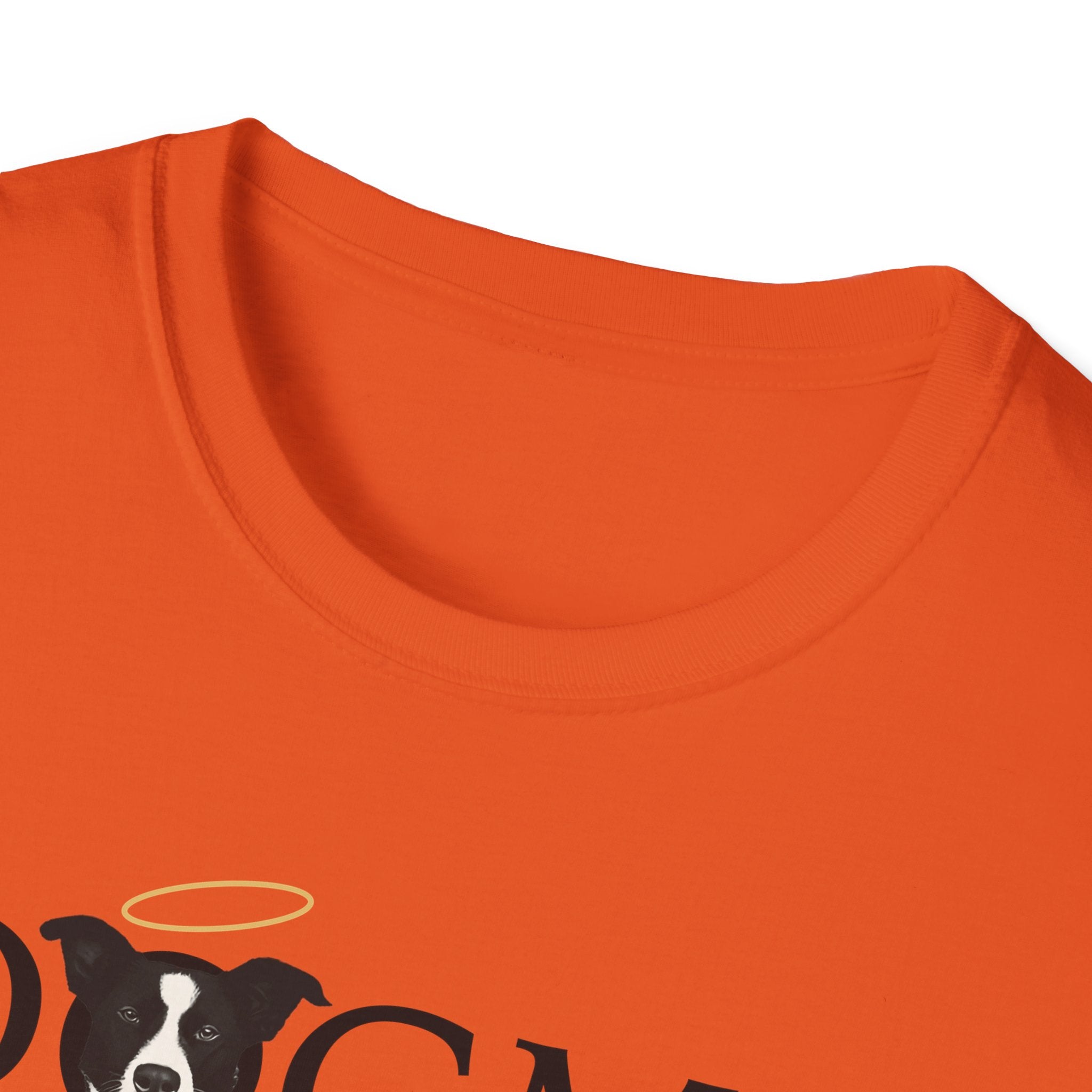 Dogma House Logo Light T-Shirt close-up of the neckline on an orange shirt, showing the border collie face with golden halo from the Dogma House logo.