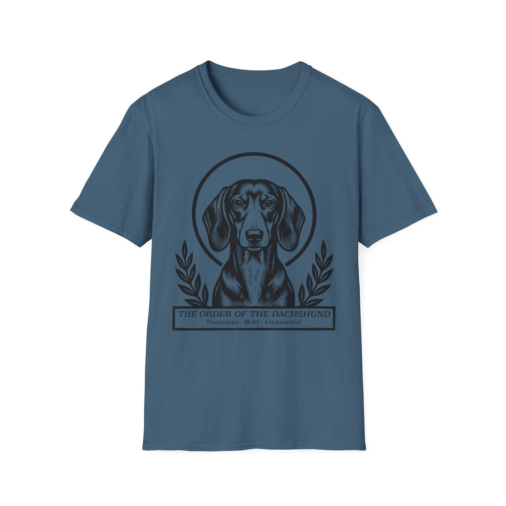 Holy Orders | Dachshund T-Shirt flat lay on white shirt featuring a stained glass style illustration of a Dachshund depicted as a holy figure with a golden halo and the text 'Holy Orders.'