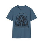 Holy Orders | Dachshund T-Shirt flat lay on white shirt featuring a stained glass style illustration of a Dachshund depicted as a holy figure with a golden halo and the text 'Holy Orders.'