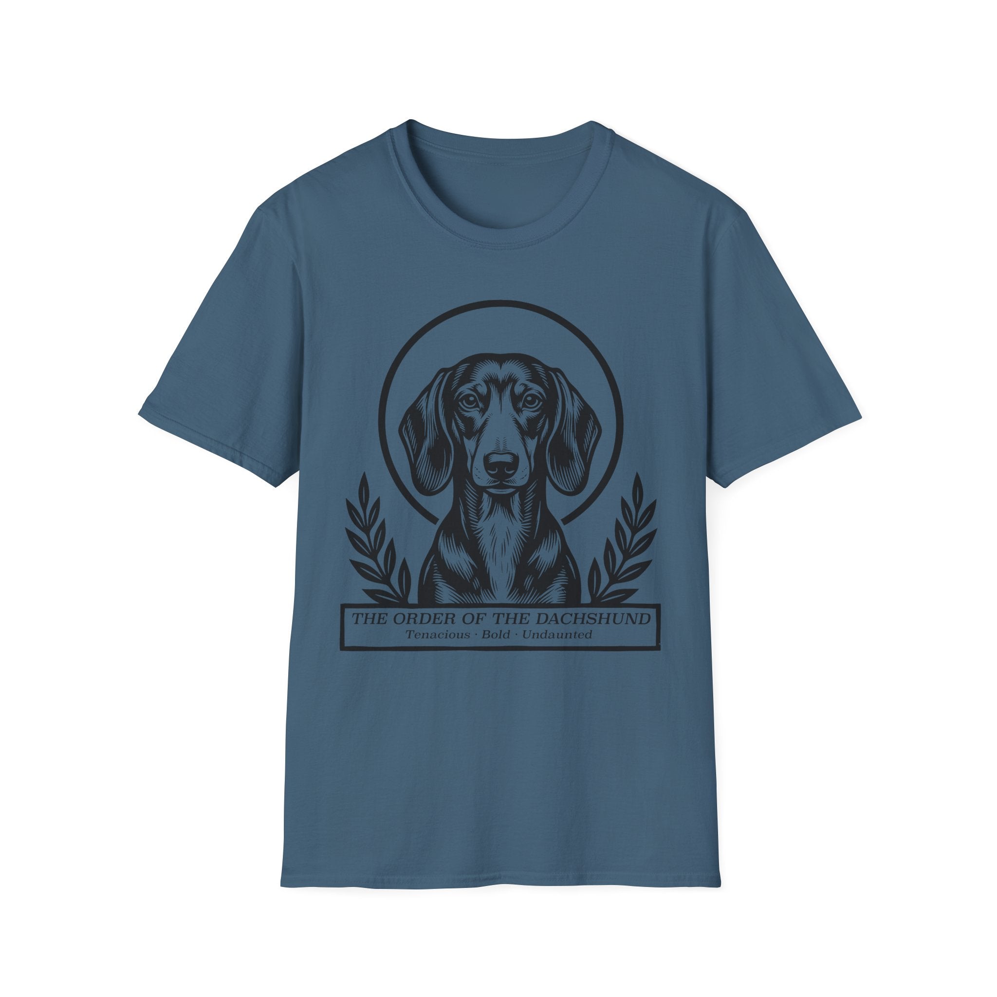 Holy Orders | Dachshund T-Shirt flat lay on white shirt featuring a stained glass style illustration of a Dachshund depicted as a holy figure with a golden halo and the text 'Holy Orders.'