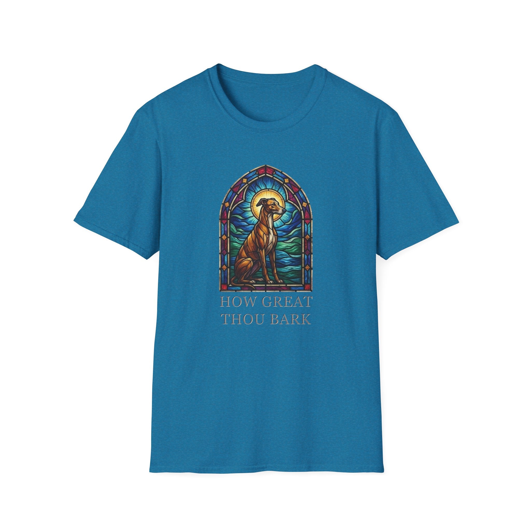 How Great Thou Bark Sight Hound T-shirt flat lay, sapphire blue shirt featuring a stained-glass style arched window graphic of a seated sight hound dog with a halo and the text 'How Great Thou Bark.'