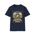 For the Love of Dog Great Dane T-Shirt flat lay in navy blue featuring a crowned Great Dane seated on a throne in a vintage illustration with an ornate thorn and bone border, "For the Love of Dog" banner below.