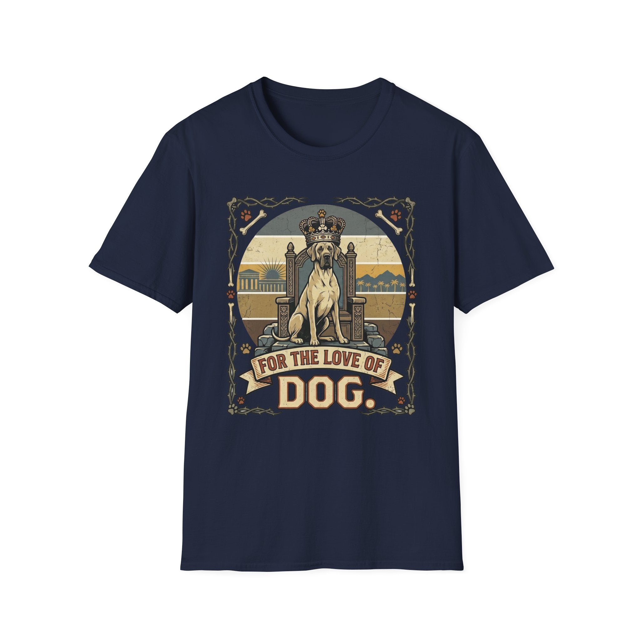 For the Love of Dog Great Dane T-Shirt flat lay in navy blue featuring a crowned Great Dane seated on a throne in a vintage illustration with an ornate thorn and bone border, "For the Love of Dog" banner below.