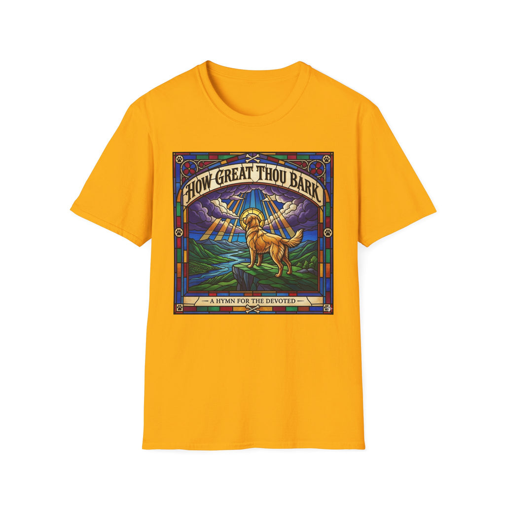 How Great Thou Bark Golden Retriever T-shirt flat lay, gold shirt featuring a stained-glass style graphic of a golden retriever on a hilltop with sunbeams and the text 'How Great Thou Bark – A Hymn for the Devoted.'