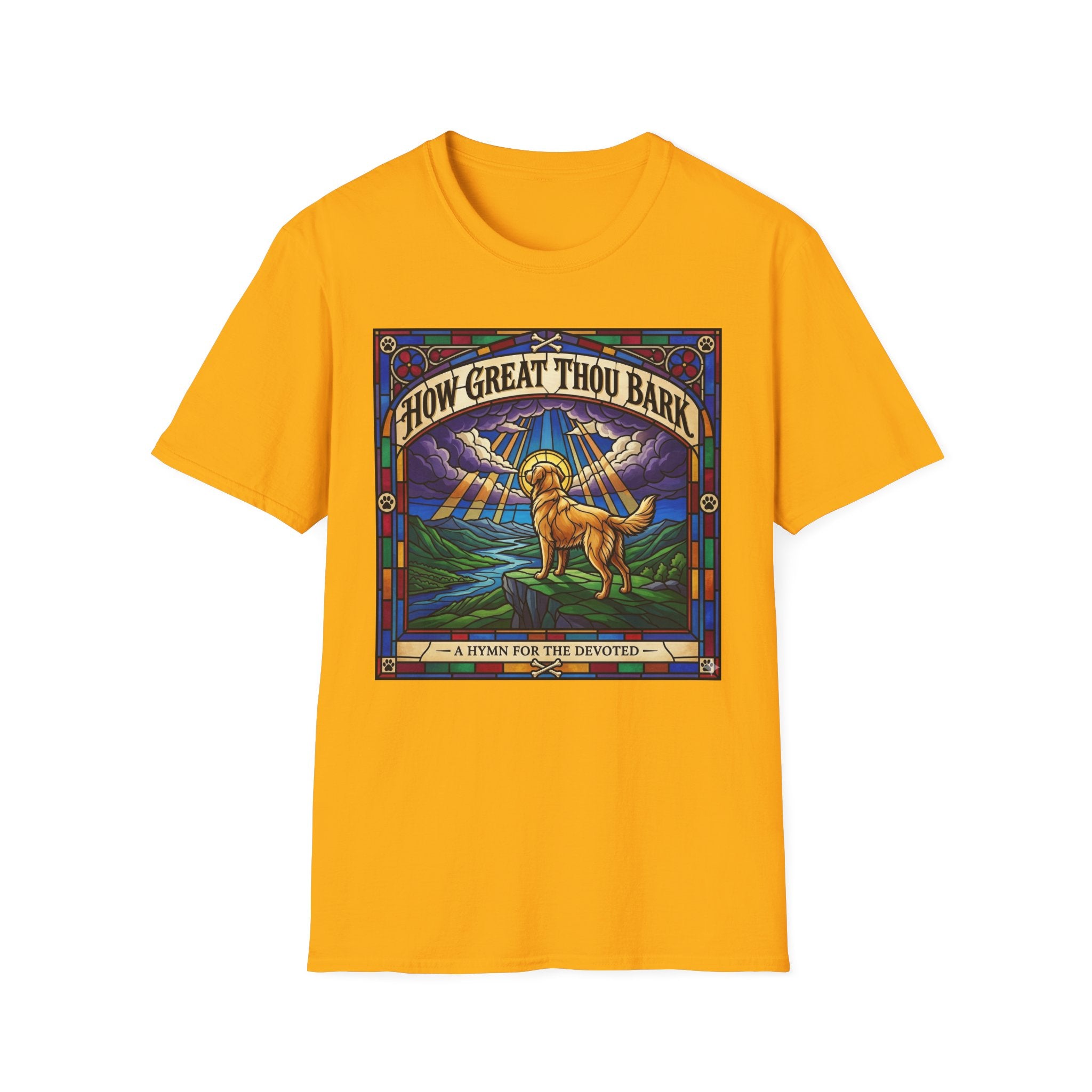 How Great Thou Bark Golden Retriever T-shirt flat lay, gold shirt featuring a stained-glass style graphic of a golden retriever on a hilltop with sunbeams and the text 'How Great Thou Bark – A Hymn for the Devoted.'
