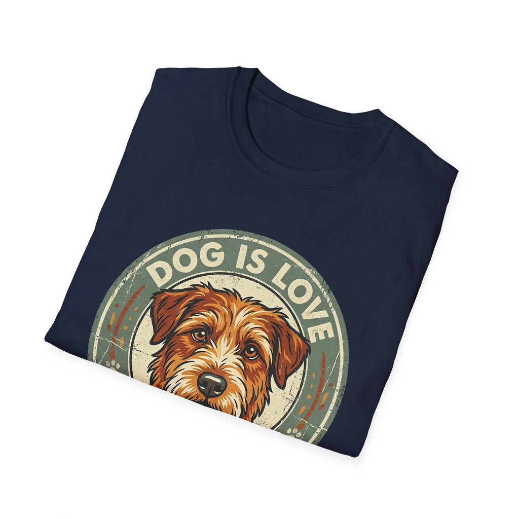 Dog is Love T-Shirt folded view in navy blue showing the vintage circular badge graphic with a scruffy terrier and "Dog is Love" text.