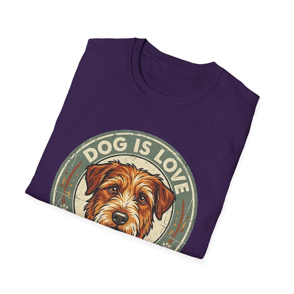 Dog is Love T-Shirt folded view in purple showing the vintage circular badge graphic with a scruffy terrier and "Dog is Love" text.