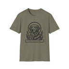 Holy Orders | Golden Retriever T-Shirt flat lay on navy shirt featuring a stained glass style illustration of a Golden Retriever depicted as a holy figure with a golden halo and the text 'Holy Orders.'
