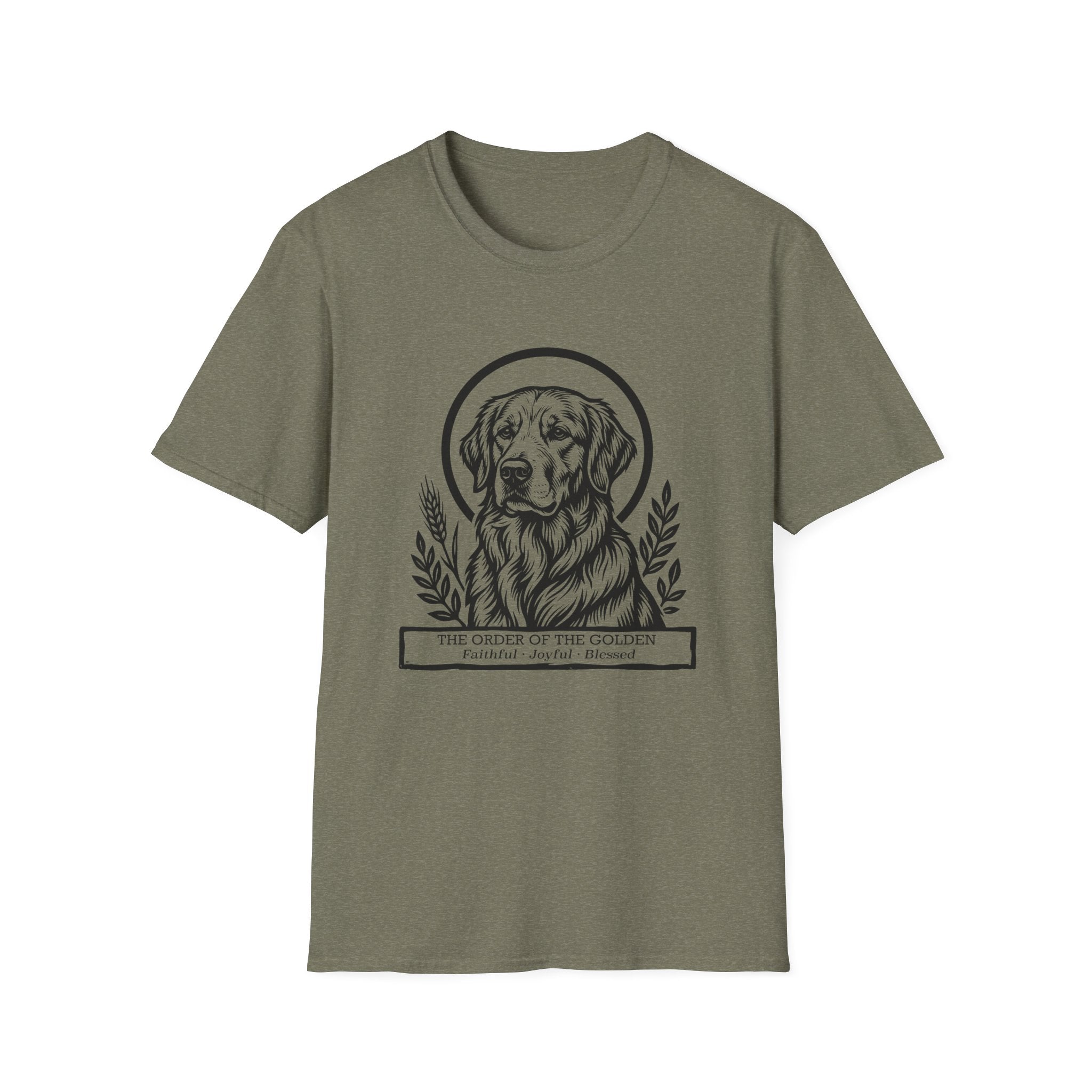 Holy Orders | Golden Retriever T-Shirt flat lay on navy shirt featuring a stained glass style illustration of a Golden Retriever depicted as a holy figure with a golden halo and the text 'Holy Orders.'