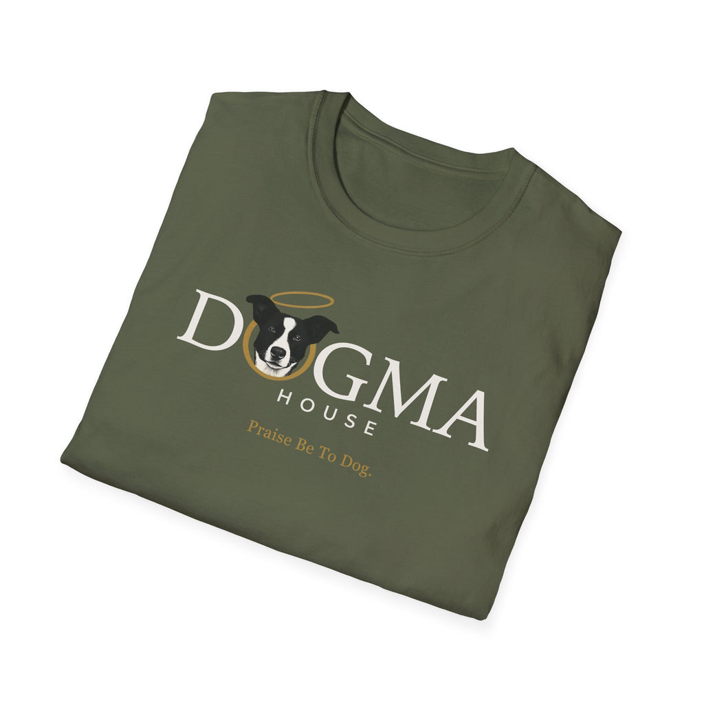 Dogma House Logo Dark T-Shirt folded view in military green, showcasing the Dogma House logo with a halo-wearing black-and-white dog and the tagline 'Praise Be To Dog.'