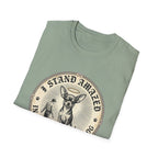I Stand Amazed Chihuahua T-Shirt in sage green, folded view showing the front graphic of the Chihuahua design with halo and 'I Stand Amazed' text.