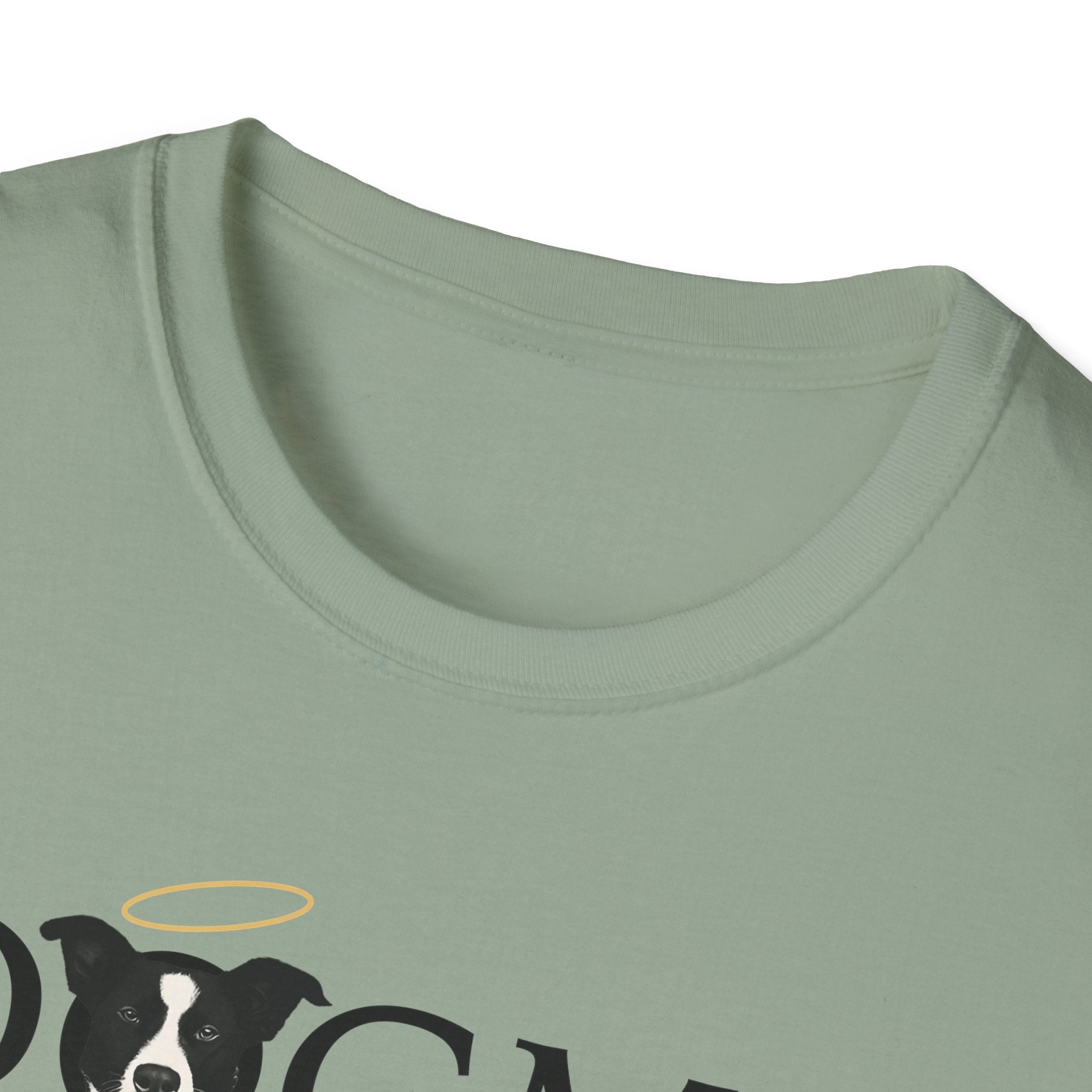 Dogma House Logo Light T-Shirt close-up of the neckline on a sage green shirt, showing the border collie face with golden halo from the Dogma House logo.