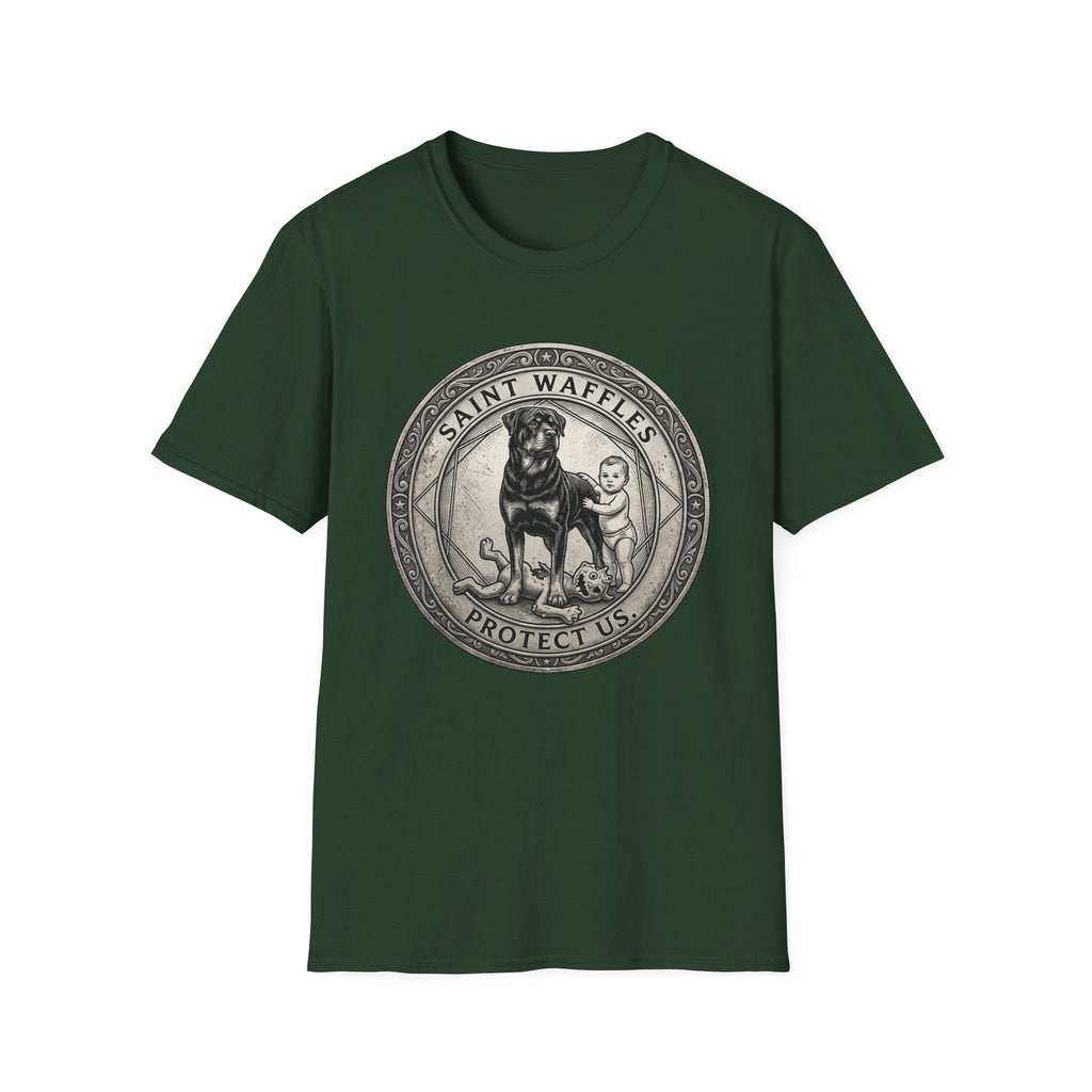 Saint Waffles Protect Us T-Shirt flat lay in forest green, featuring a vintage medallion graphic of a Rottweiler standing protectively beside a small child with the text Saint Waffles Protect Us.