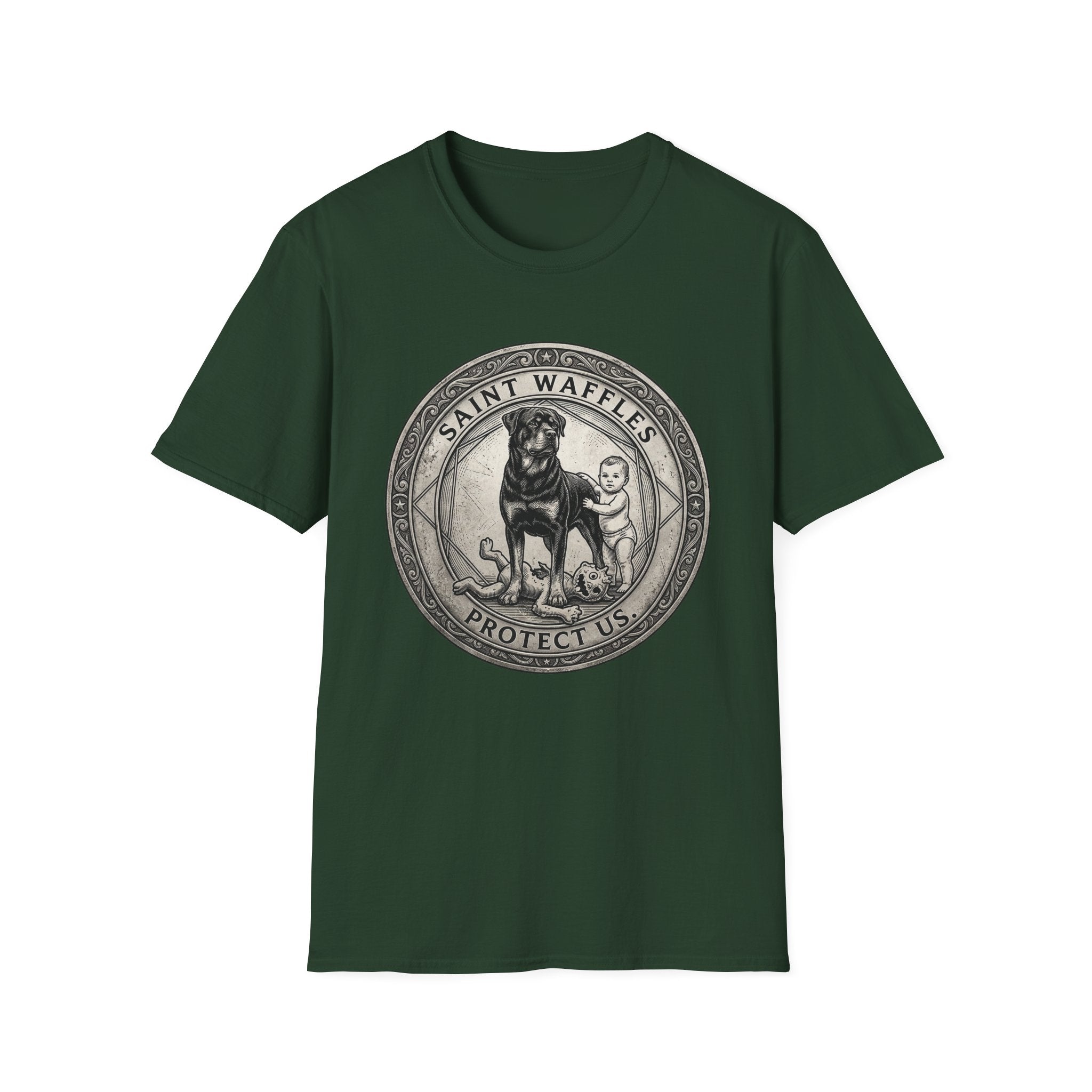 Saint Waffles Protect Us T-Shirt flat lay in forest green, featuring a vintage medallion graphic of a Rottweiler standing protectively beside a small child with the text Saint Waffles Protect Us.