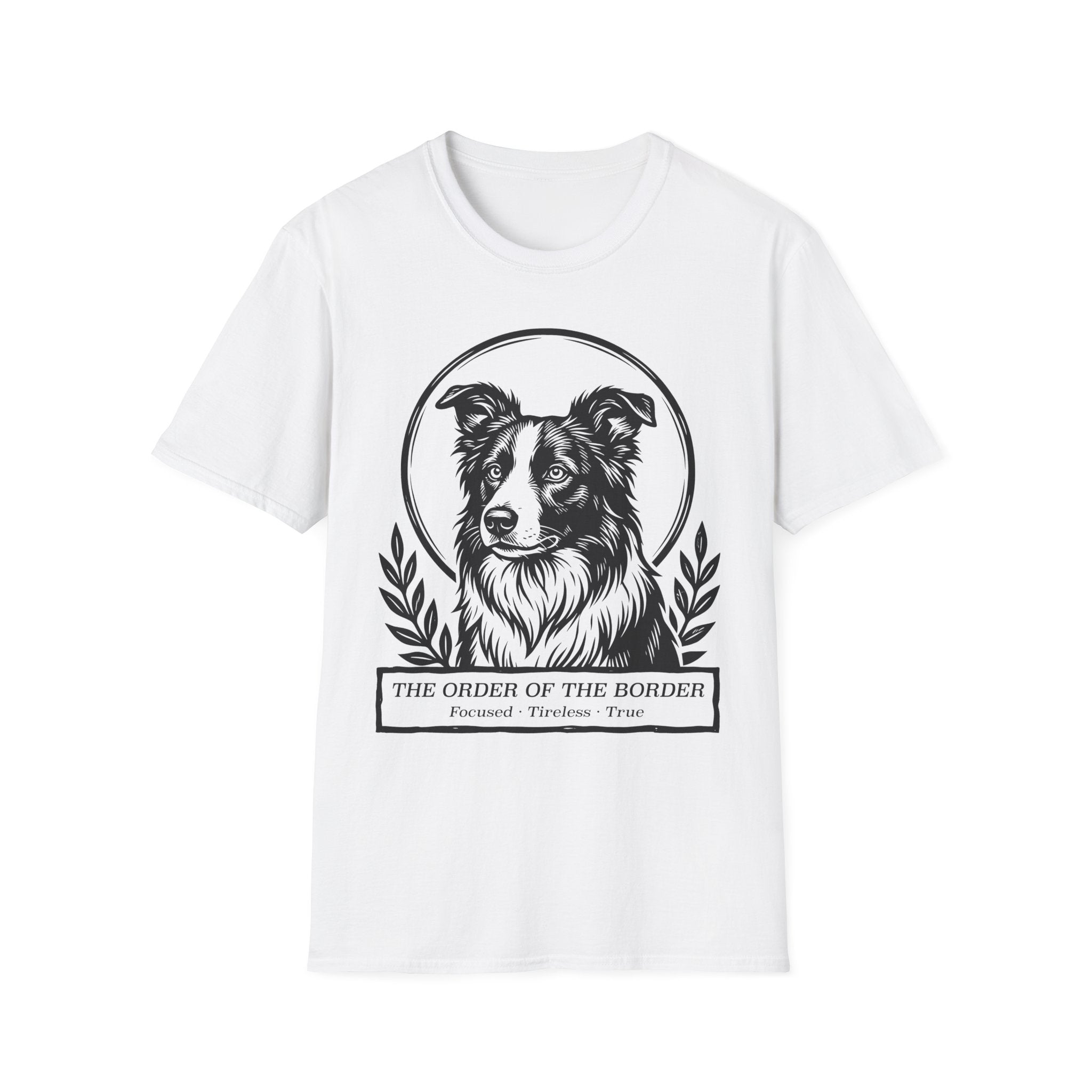 Holy Orders | Border Collie T-Shirt flat lay on sage green shirt featuring a stained glass style illustration of a Border Collie depicted as a holy figure with a golden halo and the text 'Holy Orders.'