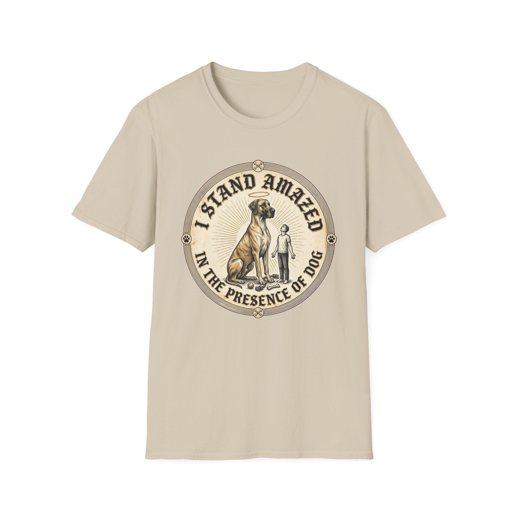 I Stand Amazed Great Dane T-Shirt flat lay in sand, featuring a circular vintage-style graphic of a towering Great Dane with a halo and a small human figure, with text "I Stand Amazed in the Presence of Dog."