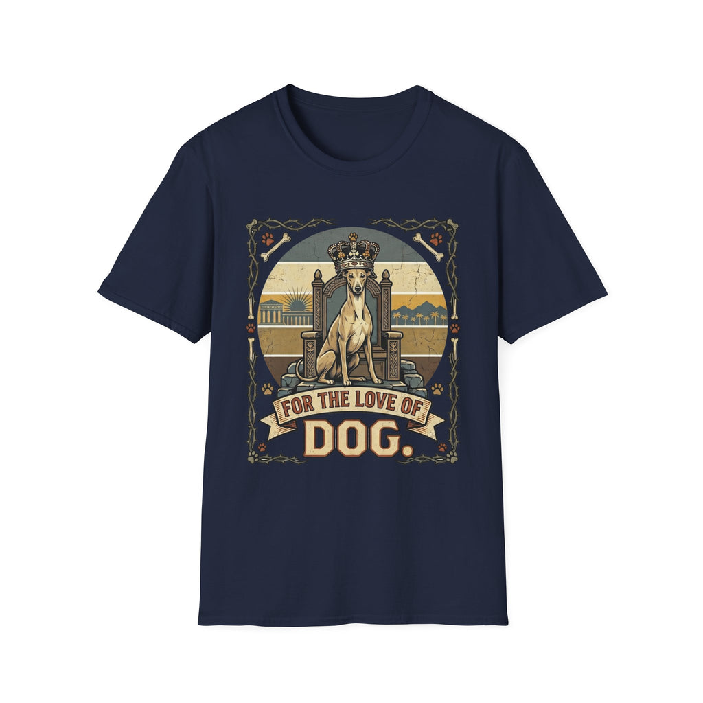 For the Love of Dog Whippet T-Shirt flat lay in navy blue featuring a crowned whippet seated on a throne in a vintage illustration with an ornate thorn and bone border, "For the Love of Dog" banner below.