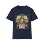 For the Love of Dog Whippet T-Shirt flat lay in navy blue featuring a crowned whippet seated on a throne in a vintage illustration with an ornate thorn and bone border, "For the Love of Dog" banner below.
