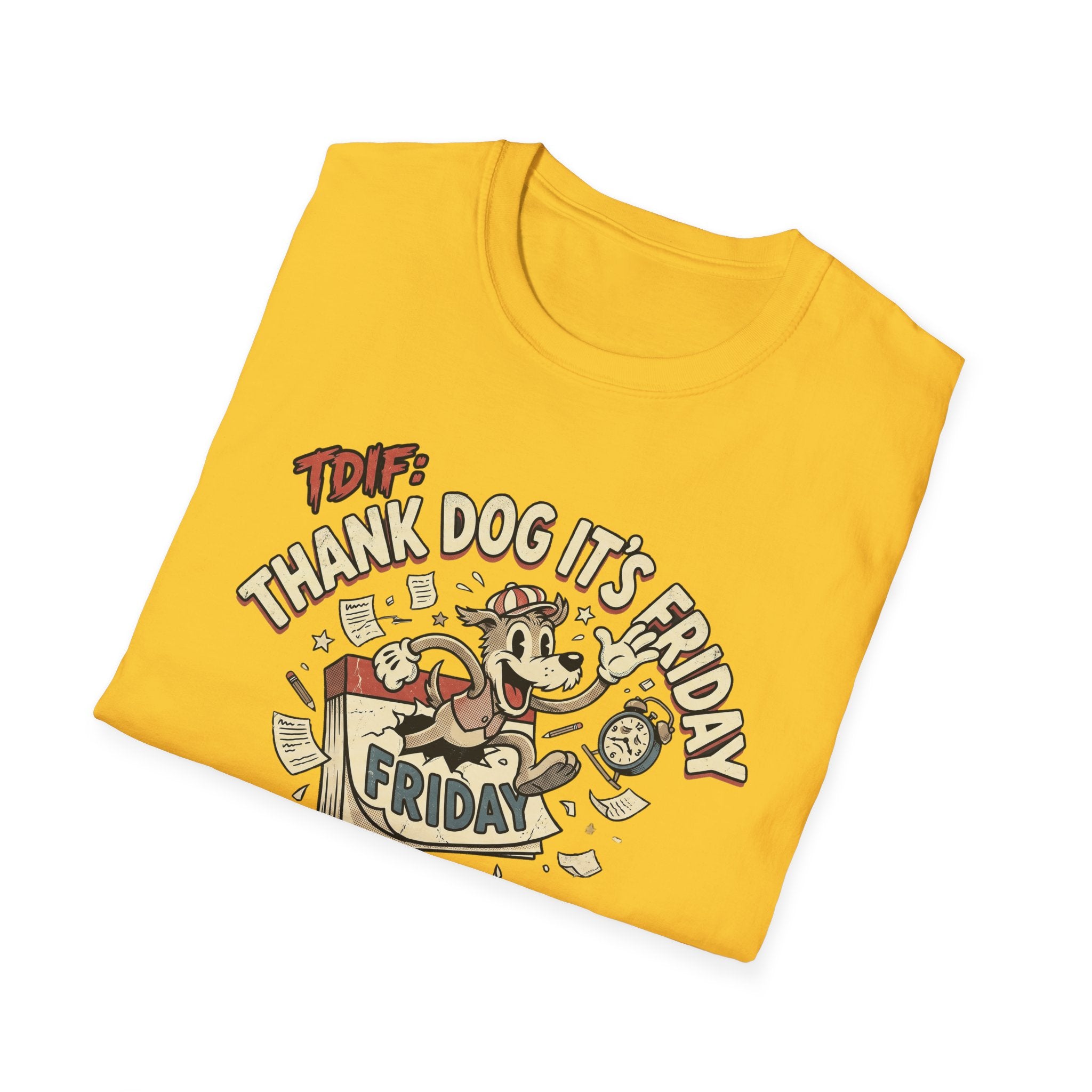 Thank Dog It's Friday T-Shirt folded flat lay on yellow shirt showing the retro cartoon dog and TDIF: Thank Dog It's Friday design.
