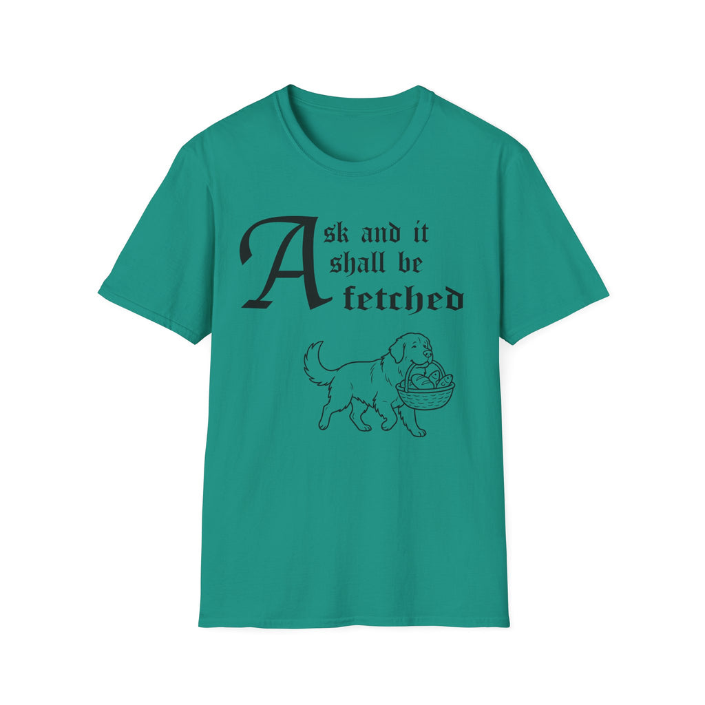 Newfoundland Ask and It Shall Be Fetched T-Shirt flat lay on white shirt featuring a Shel Silverstein-style pen-and-ink illustration of a Newfoundland proudly trotting with loaves and fishes and the text 'Ask and it shall be fetched.'