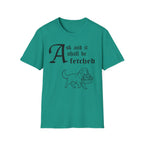 Newfoundland Ask and It Shall Be Fetched T-Shirt flat lay on white shirt featuring a Shel Silverstein-style pen-and-ink illustration of a Newfoundland proudly trotting with loaves and fishes and the text 'Ask and it shall be fetched.'