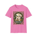 Believe in the Power of Dog Poodle T-Shirt in pink azalea, flat lay view showing an Art Nouveau-framed graphic of a halo-wearing cream poodle in a garden setting, with floral borders and the words 'Grace Intelligence Love'.