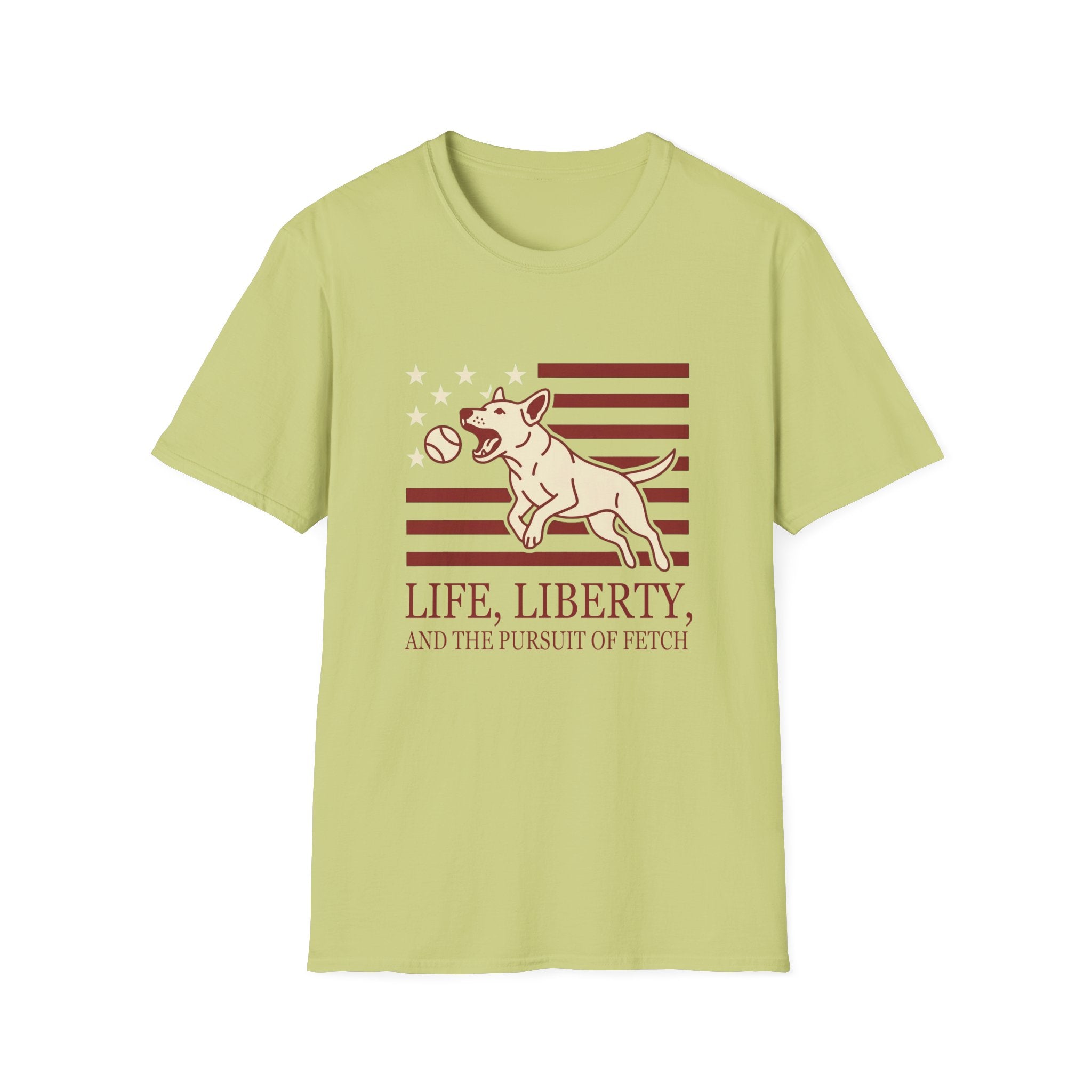 Pursuit of Fetch T-Shirt flat lay in light green kiwi, featuring a leaping dog catching a tennis ball over a flag of red stripes and stars, with text reading 'Life, Liberty, and the Pursuit of Fetch.'