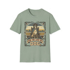 For the Love of Dog Whippet T-Shirt flat lay in sage green featuring a crowned whippet seated on a throne in a vintage illustration with an ornate thorn and bone border, "For the Love of Dog" banner below.