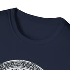 Saint Biscuit Heal Us T-shirt close-up detail on navy blue shirt showing the ornate circular border and 'Saint Biscuit' text of the vintage medallion graphic.