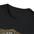 Believe in the Power of Dog T-shirt close-up detail on black shirt showing the ornate gold border and 'Believe In The' text of the vintage badge graphic.
