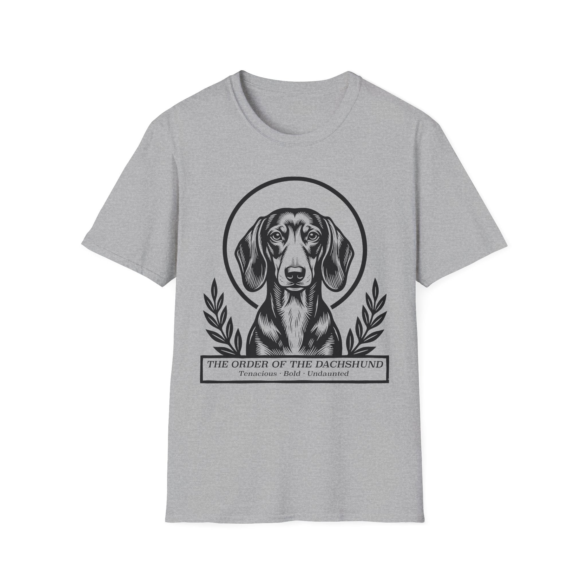 Holy Orders | Dachshund T-Shirt detail view featuring a stained glass style illustration of a Dachshund depicted as a holy figure with a golden halo and the text 'Holy Orders.'