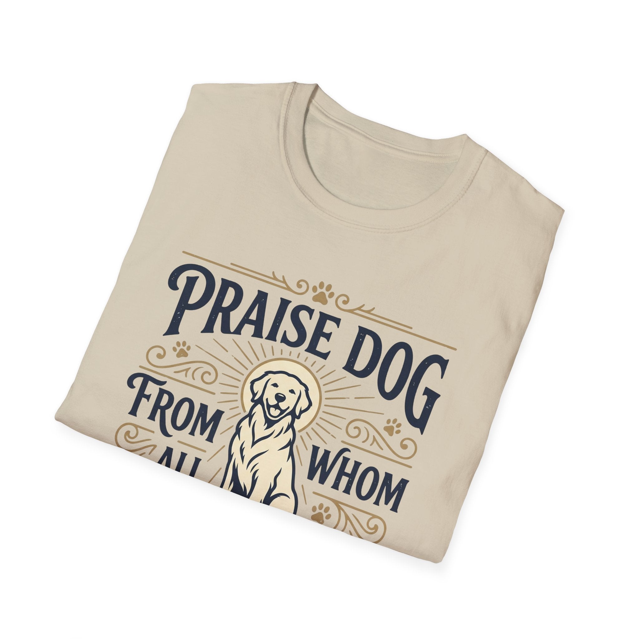 Praise Dog From Whom All Blessings Flow Golden Retriever T-Shirt folded view in natural tan, showing the vintage-style halo golden retriever graphic and Praise Dog lettering.