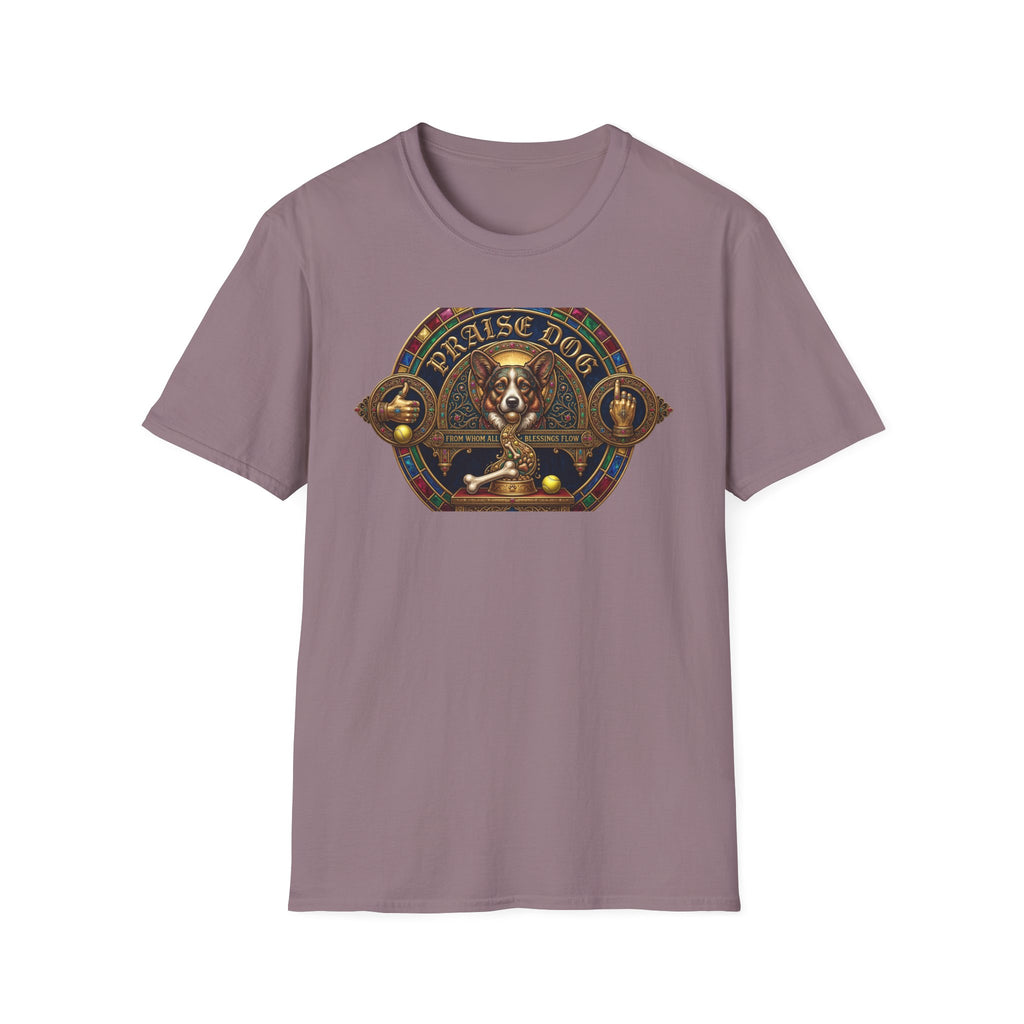 Praise Dog From Whom All Blessings Flow Corgi T-Shirt flat lay in dusty mauve, featuring an ornate medieval stained-glass style graphic of a regal corgi seated in a jewel-encrusted octagonal frame with gold gothic lettering and dog bone and tennis ball accents.