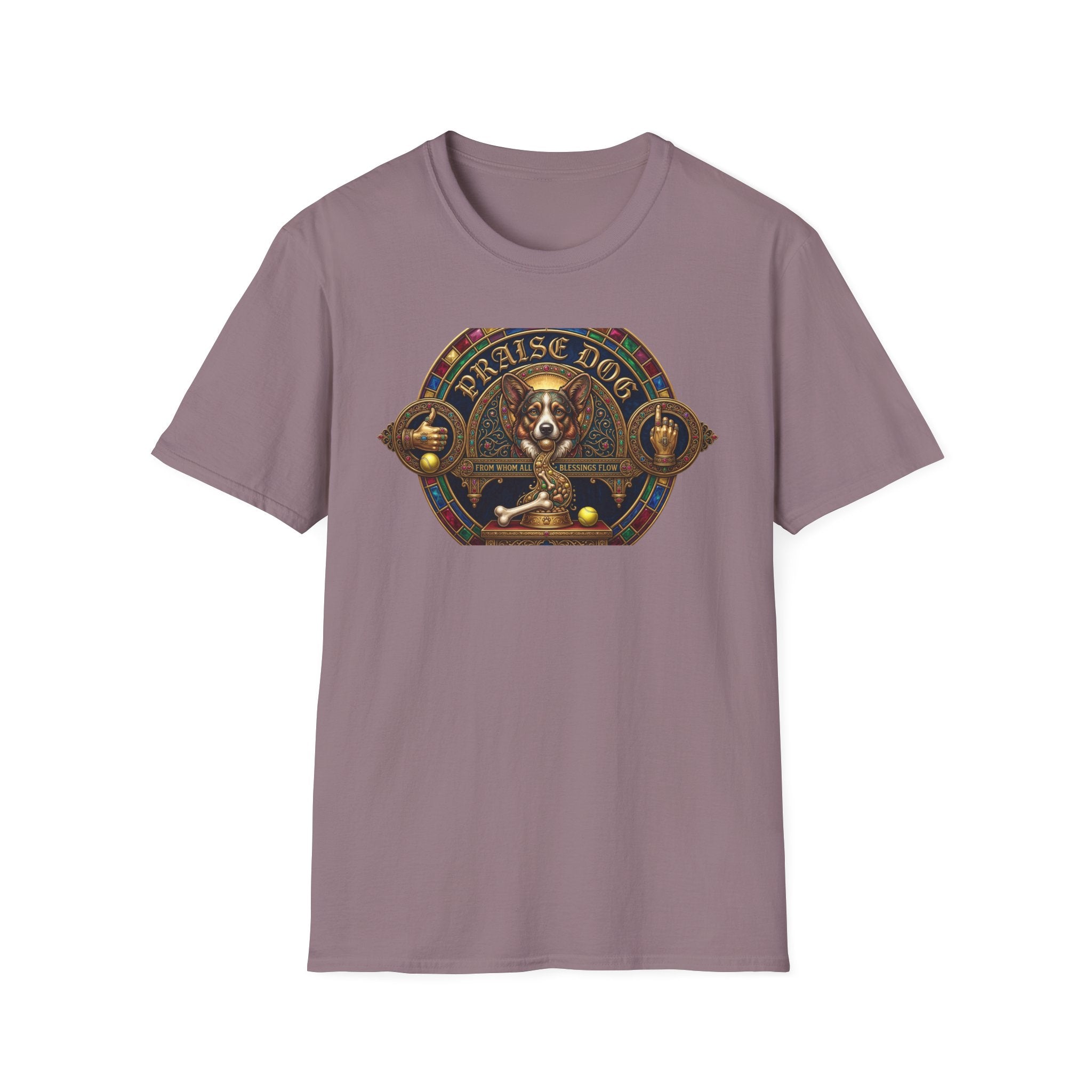 Praise Dog From Whom All Blessings Flow Corgi T-Shirt flat lay in dusty mauve, featuring an ornate medieval stained-glass style graphic of a regal corgi seated in a jewel-encrusted octagonal frame with gold gothic lettering and dog bone and tennis ball accents.