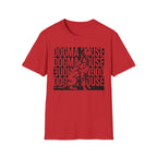 Dogma House Dalmatian T-Shirt flat lay in red, featuring a tonal dark red graphic of a seated Dalmatian overlaid on a repeating 'Dogma House' text block in a street-art style.