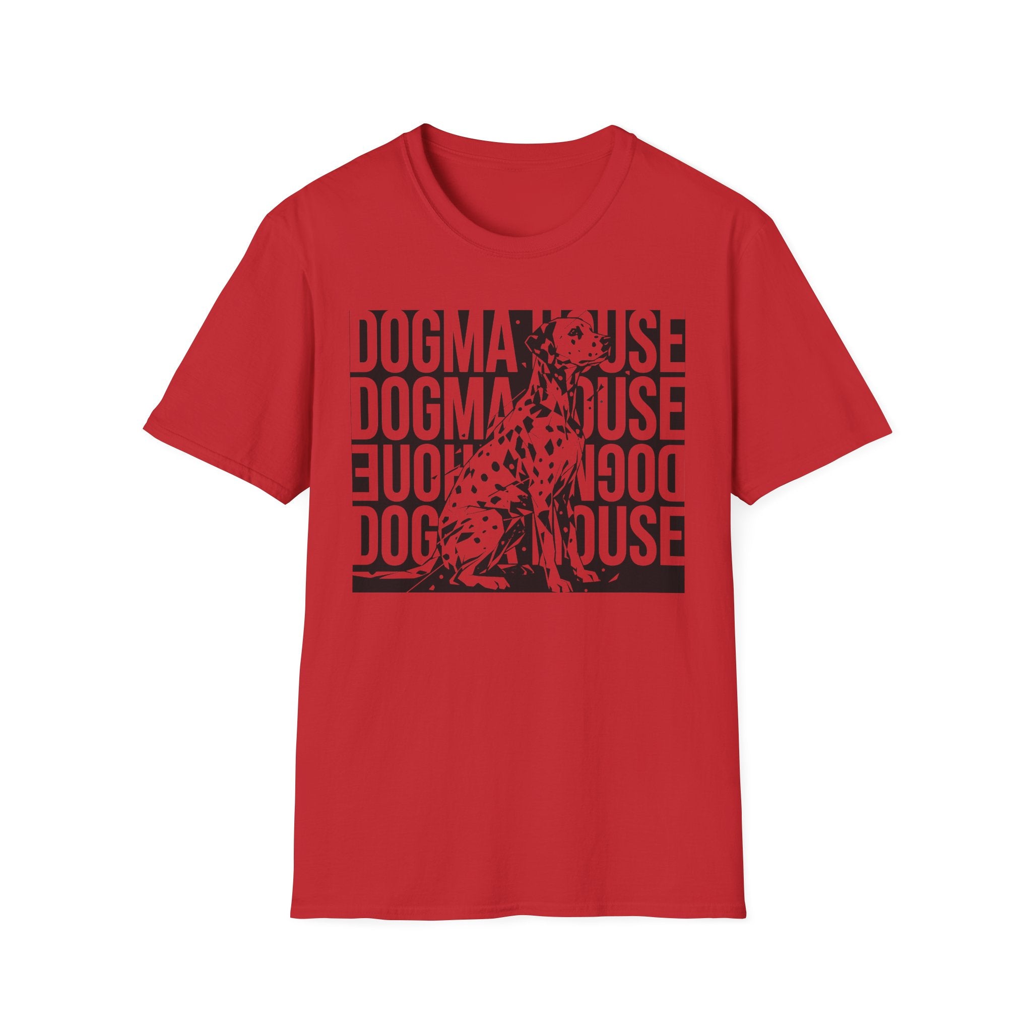 Dogma House Dalmatian T-Shirt flat lay in red, featuring a tonal dark red graphic of a seated Dalmatian overlaid on a repeating 'Dogma House' text block in a street-art style.