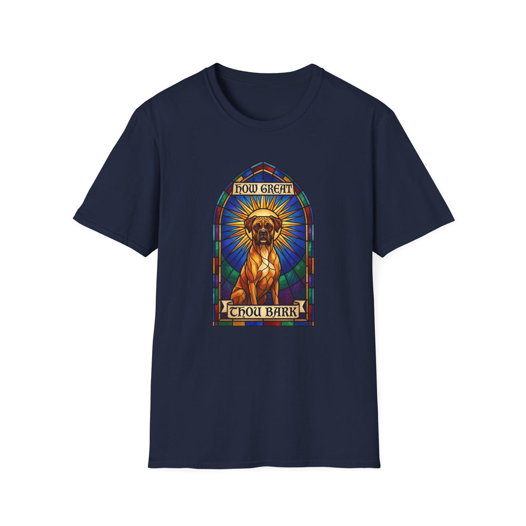 How Great Thou Bark Boxer T-Shirt flat lay on navy shirt featuring a stained glass arched window graphic of a saintly Boxer dog seated with a golden halo, with 'How Great Thou Bark' scrolls above and below.