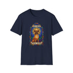 How Great Thou Bark Boxer T-Shirt flat lay on navy shirt featuring a stained glass arched window graphic of a saintly Boxer dog seated with a golden halo, with 'How Great Thou Bark' scrolls above and below.