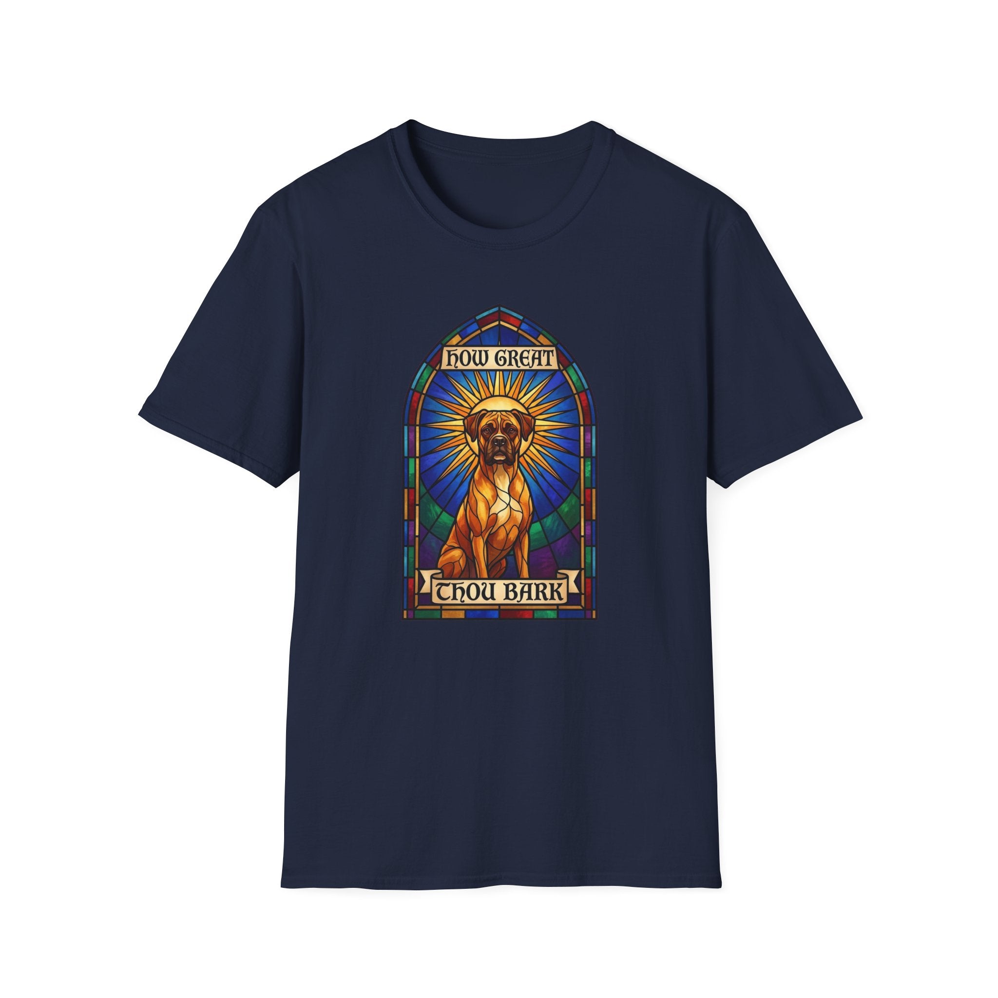 How Great Thou Bark Boxer T-Shirt flat lay on navy shirt featuring a stained glass arched window graphic of a saintly Boxer dog seated with a golden halo, with 'How Great Thou Bark' scrolls above and below.