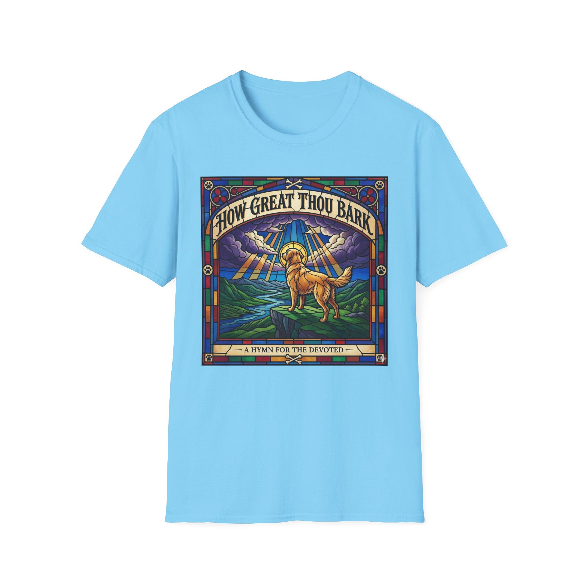 How Great Thou Bark Golden Retriever T-shirt flat lay, light blue shirt featuring a stained-glass style graphic of a golden retriever on a hilltop with sunbeams and the text 'How Great Thou Bark – A Hymn for the Devoted.'