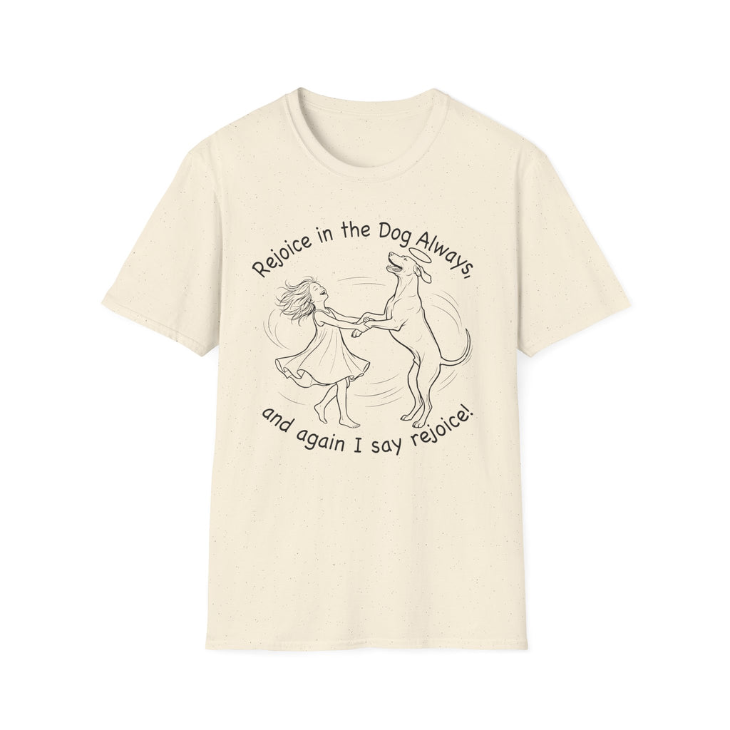 Rejoice in the Dog Rhodesian Ridgeback T-Shirt in natural cream, flat lay mockup showing a woman joyfully dancing with a rearing Rhodesian Ridgeback line-art illustration and the text 'Rejoice in the Dog Always, and again I say rejoice!'