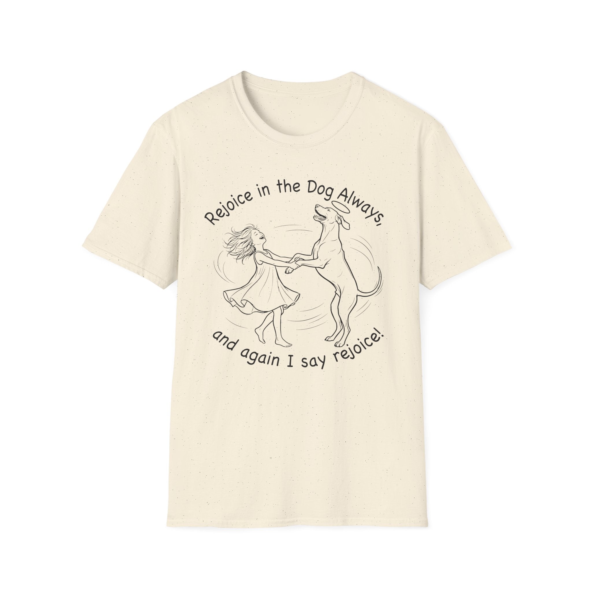 Rejoice in the Dog Rhodesian Ridgeback T-Shirt in natural cream, flat lay mockup showing a woman joyfully dancing with a rearing Rhodesian Ridgeback line-art illustration and the text 'Rejoice in the Dog Always, and again I say rejoice!'