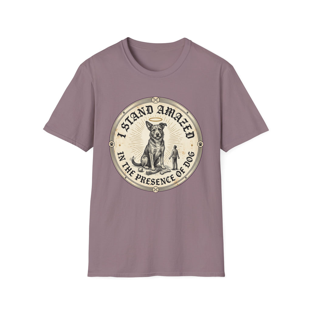 I Stand Amazed Rescue Mutt T-Shirt in dusty mauve, flat lay front view featuring a vintage-style circular graphic of a halo-wearing mixed-breed rescue dog with the text 'I Stand Amazed in the Presence of Dog.'