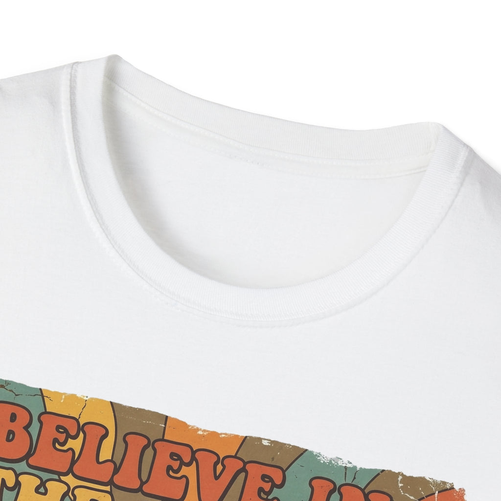 Believe in the Power of Dog Retro T-Shirt close-up detail in white, showing the collar and top edge of the retro rainbow and groovy text graphic.