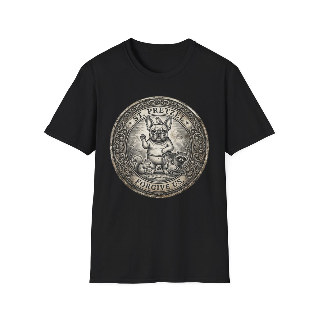 Saint Pretzel Forgive Us T-Shirt flat lay on black shirt featuring an engraved medallion design with a French Bulldog saint, a squirrel, and a raccoon, reading St. Pretzel Forgive Us.