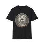 Saint Pretzel Forgive Us T-Shirt flat lay on black shirt featuring an engraved medallion design with a French Bulldog saint, a squirrel, and a raccoon, reading St. Pretzel Forgive Us.