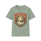 Let Go Let Dog Bull Terrier T-Shirt in sage green, flat lay, featuring a vintage shield badge with a white bull terrier raising both paws and the text 'Let Go and Let Dog, Established 2024'.