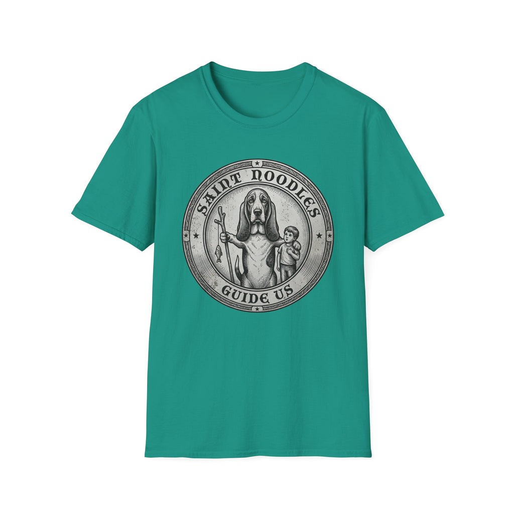 Saint Noodles Guide Us T-Shirt flat lay in teal, featuring a vintage medallion graphic of a basset hound standing upright holding a staff with a fish, alongside a small child, with the text 'Saint Noodles Guide Us'.