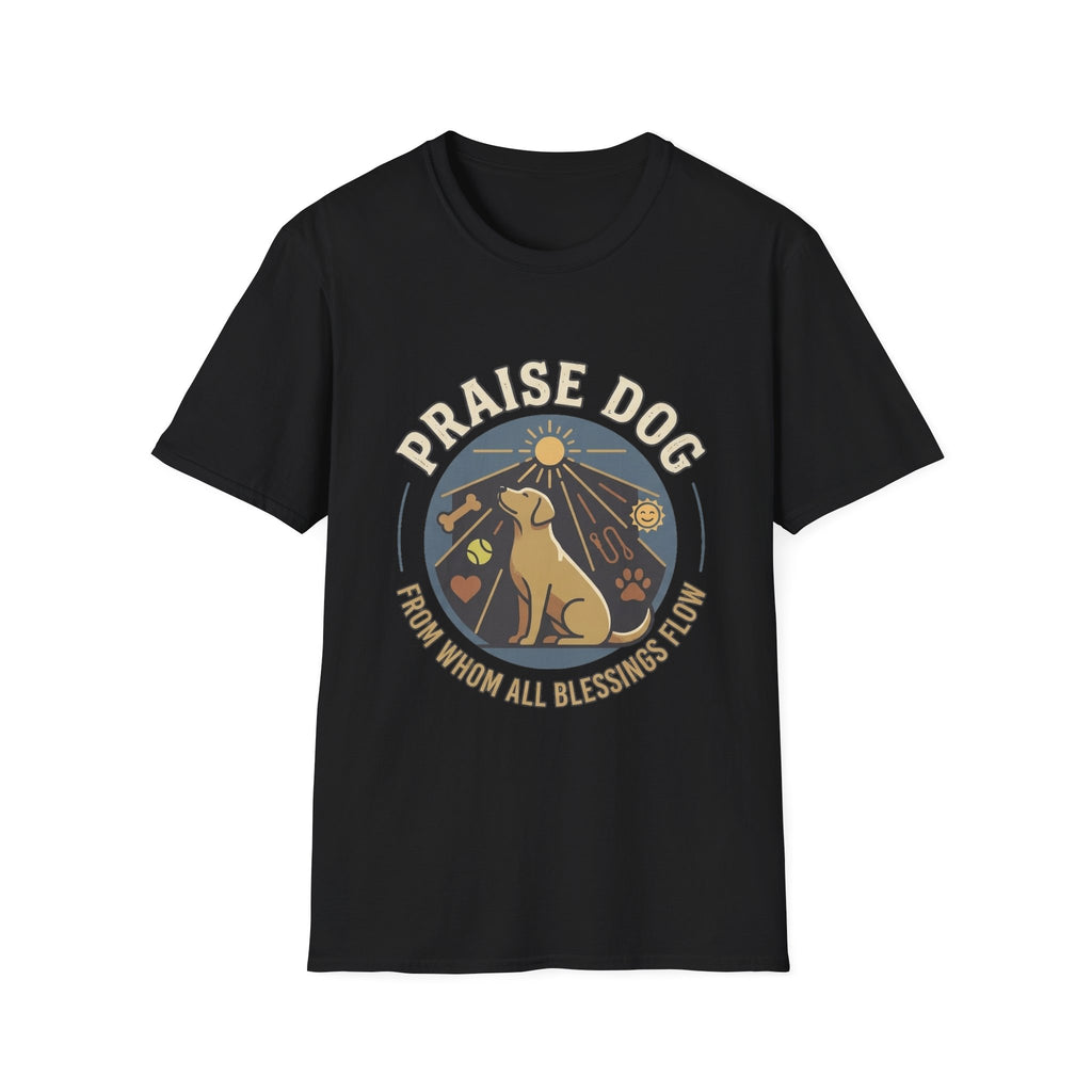 Praise Dog From Whom All Blessings Flow Labrador T-Shirt flat lay in black, featuring a circular badge graphic of a golden Labrador gazing upward at a sunburst, surrounded by icons of a bone, tennis ball, paw print, and smiley face.